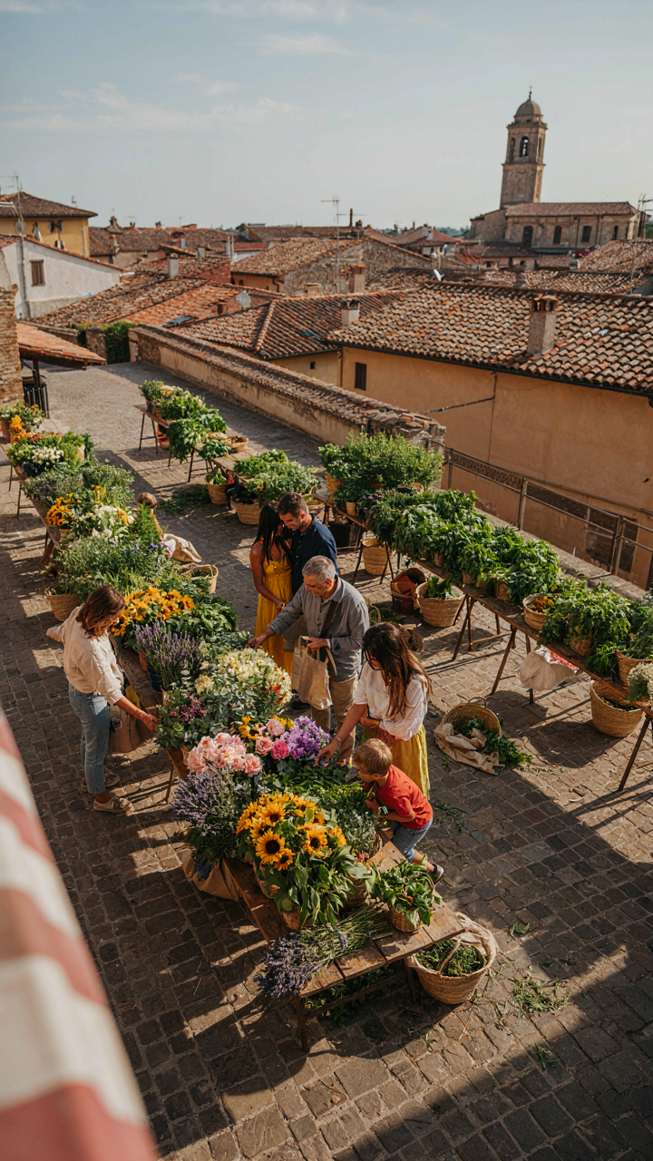 An aerial view of a busy farmers market selling fresh green herbs.