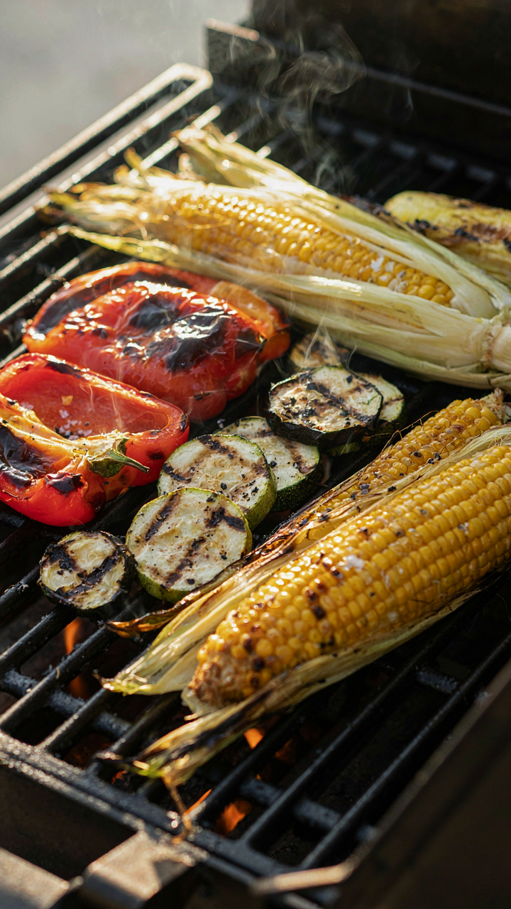 Close-up of vibrant vegetables cooking on a hot grill, showing char marks.