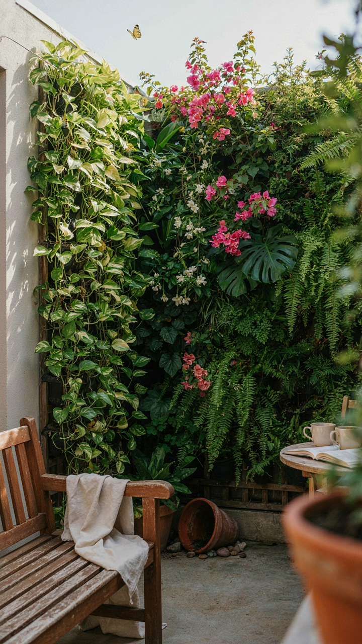 A vibrant vertical garden wall in the corner of a small patio.