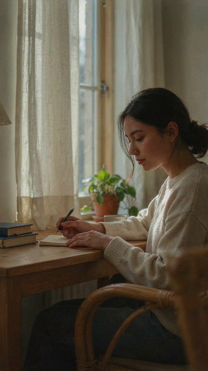 A person with clear, alert eyes works calmly at a desk in soft morning light.