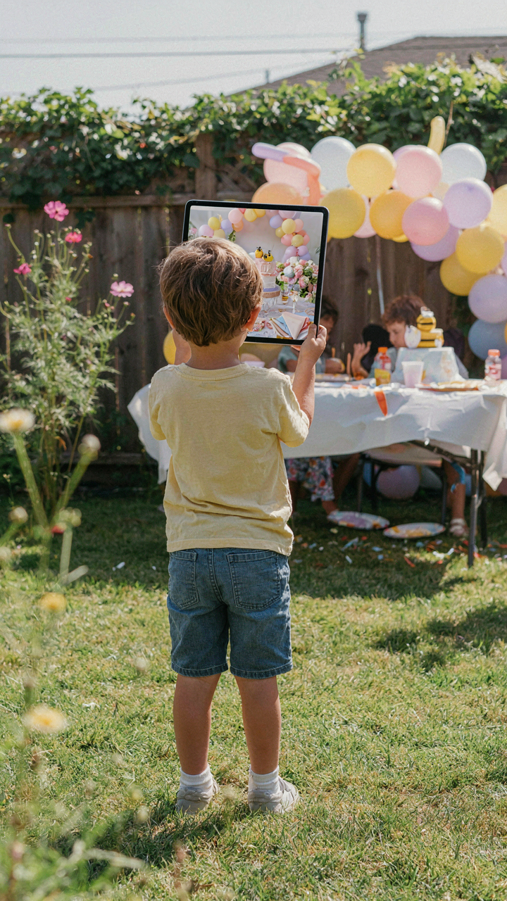 A child watches a perfect online party, ignoring their real, slightly messy bumble bee garden