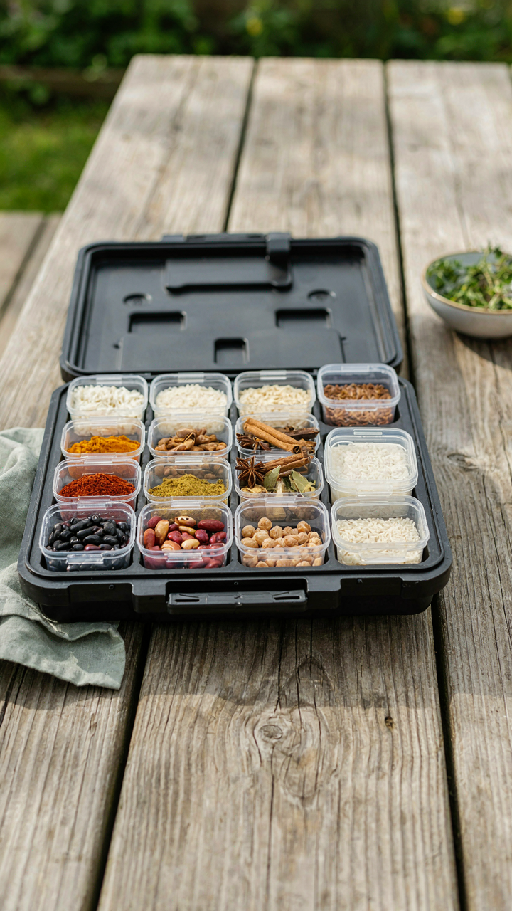 Small clear containers hold pre-measured dried foods inside a waterproof box.