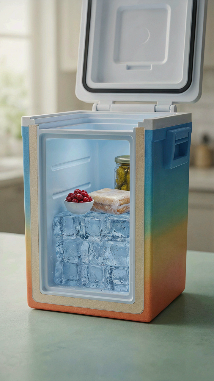 A cross-section diagram shows how a cooler keeps food cold.
