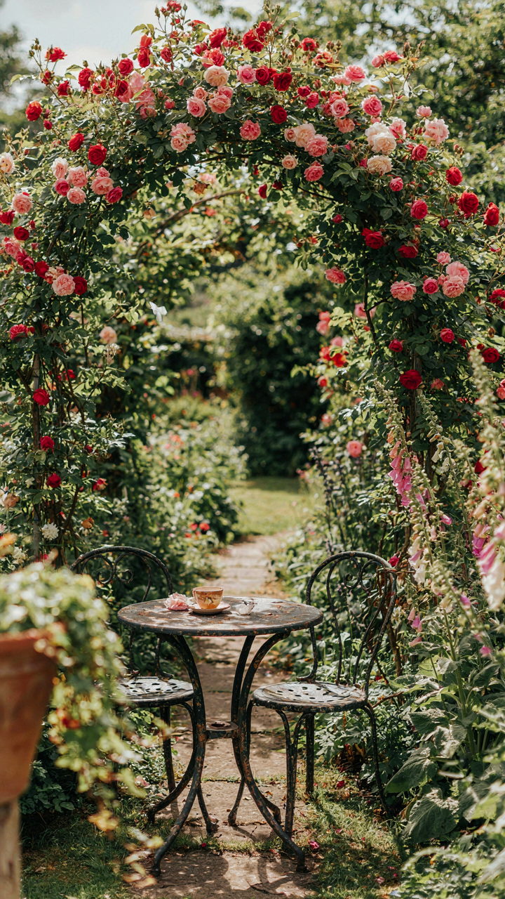 An antique bistro set under a rose arch in a charming, effortless garden.
