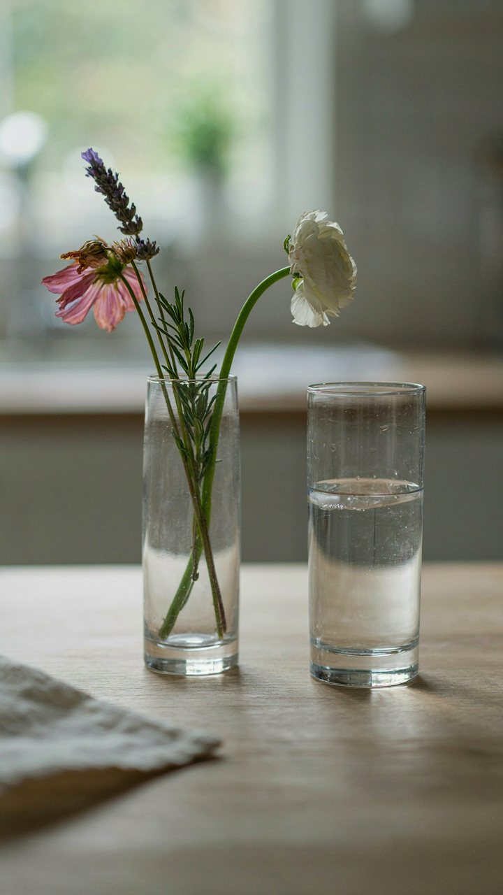 Wilted flowers and herbs sit in a vase after being in ice cubes.