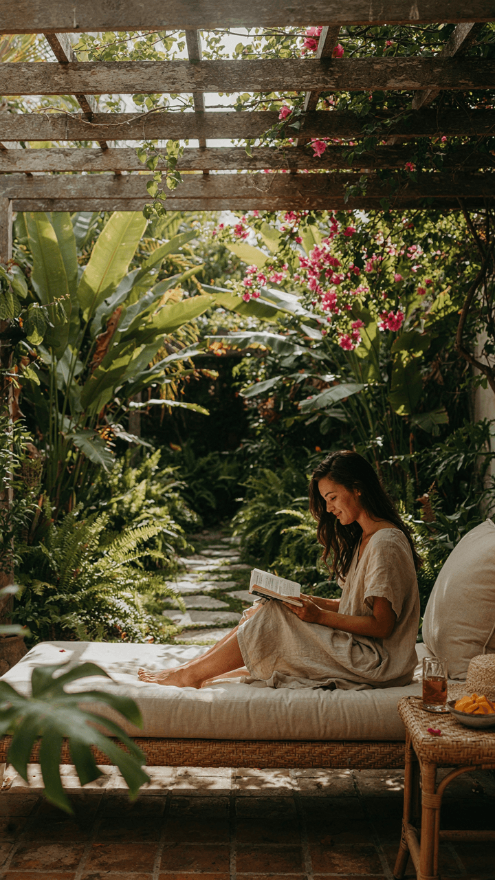 A person relaxes on an outdoor daybed under a shady cover.
