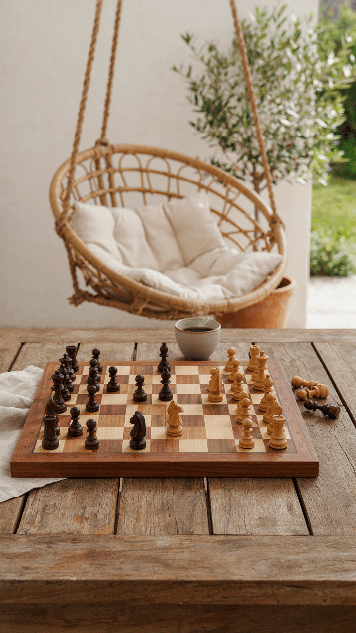 A chess board showing a strategic move, with a hanging chair nearby.