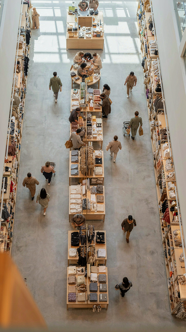 An aerial view shows clear paths in a busy retail store.