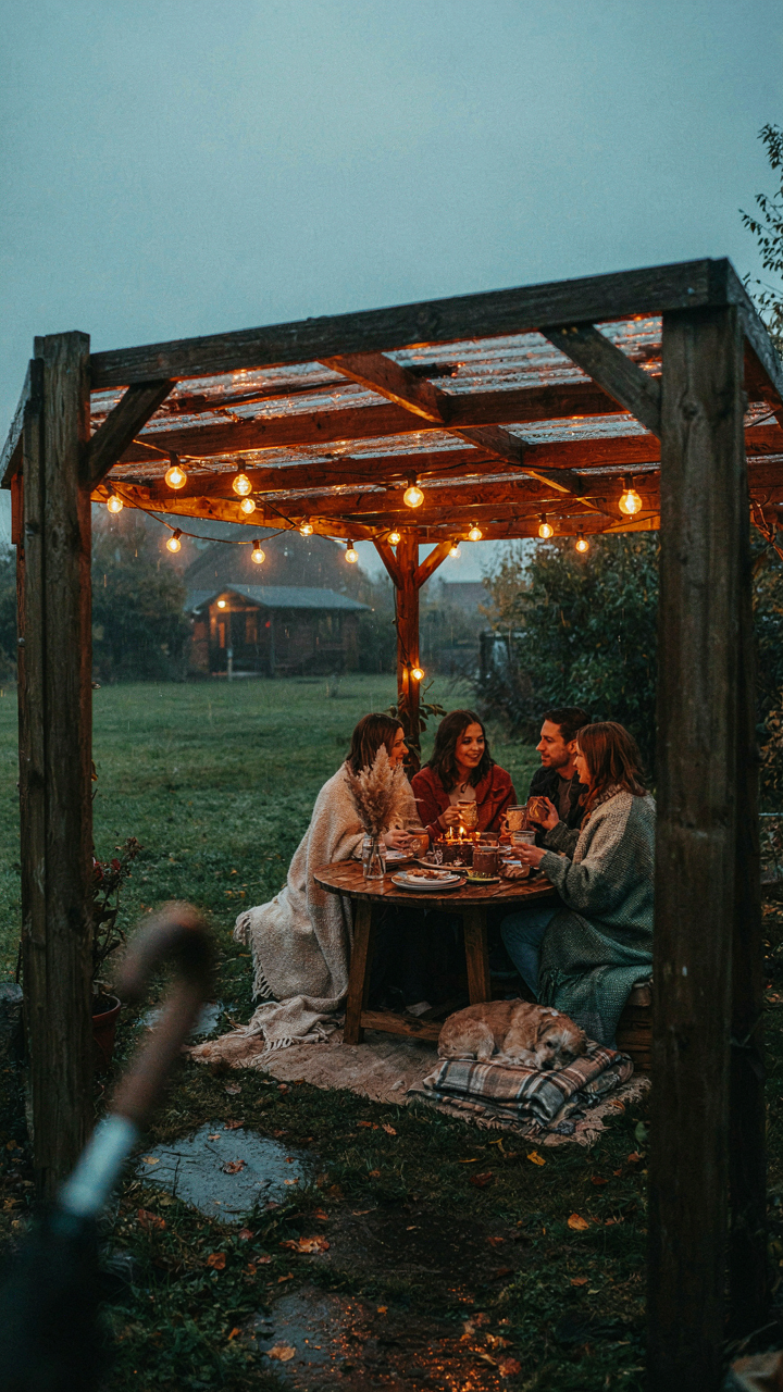A cozy backyard birthday party under a gazebo with guests enjoying warm drinks in the rain.