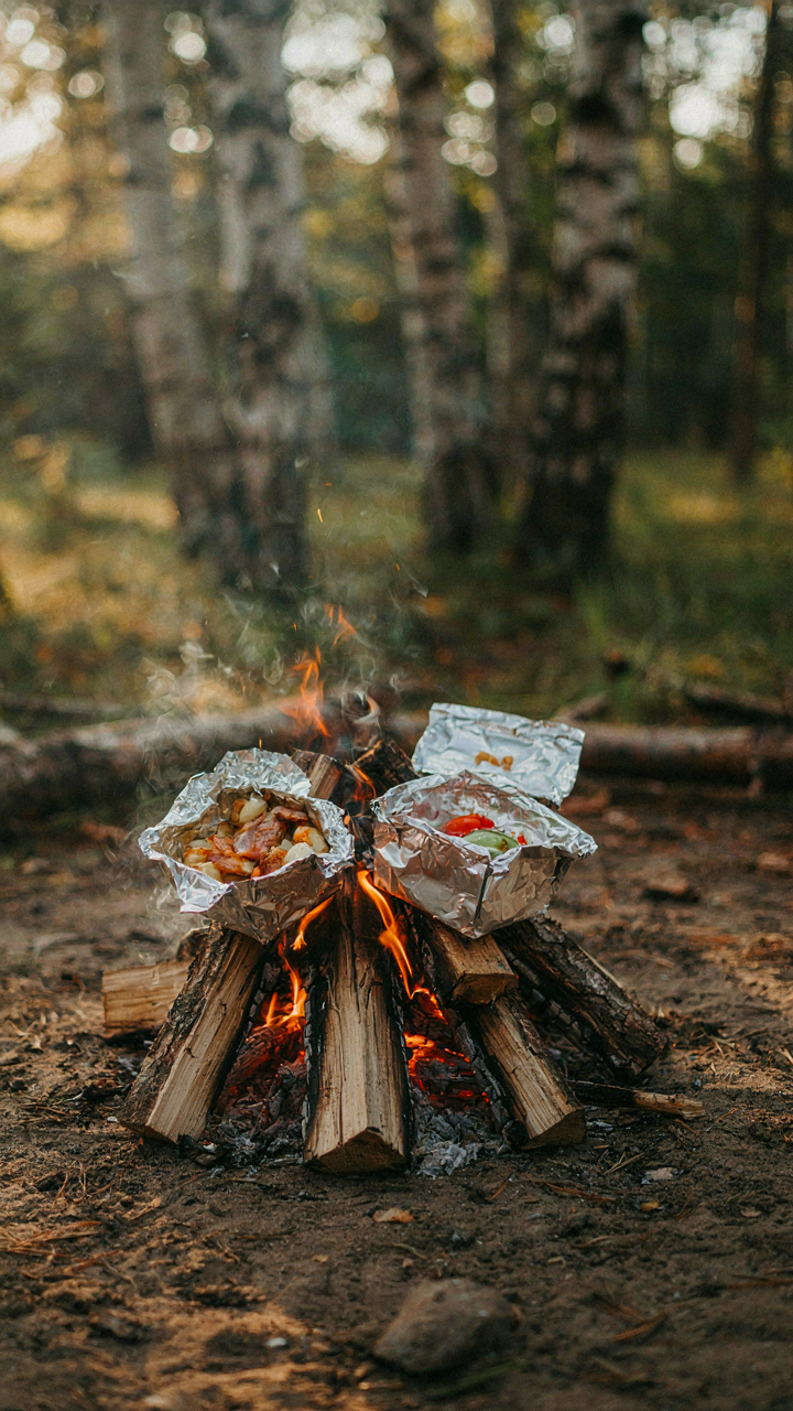 Three different foil packets, for breakfast, dinner, and dessert, cook by a campfire.
