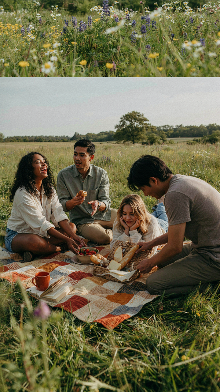 Friends laugh naturally at a casual boho picnic.