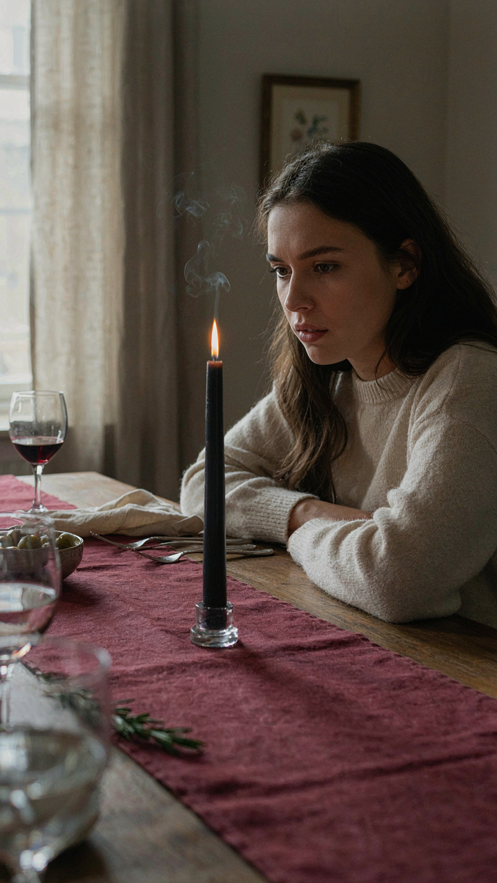 A person looks concerned at an extinguished candle on a well-set table.