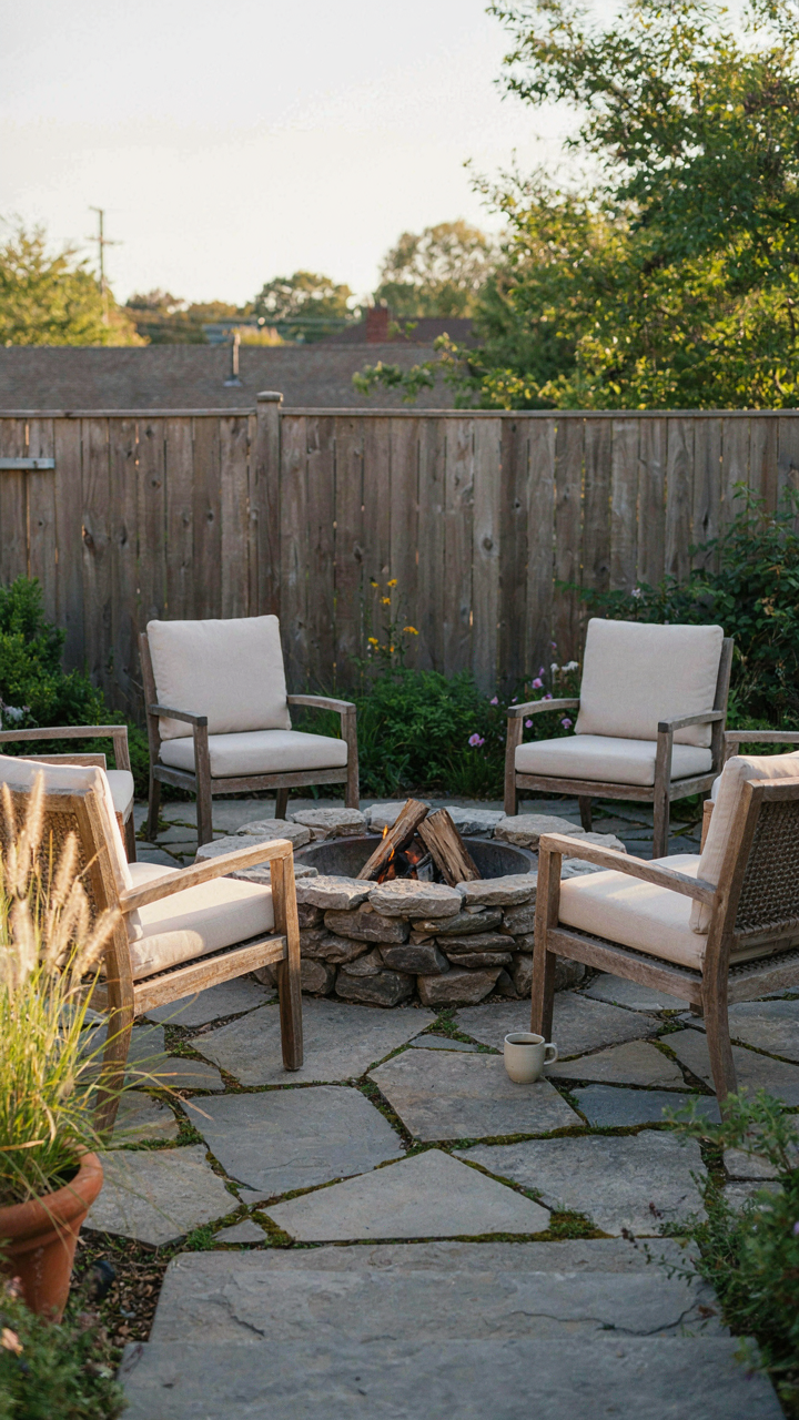 Outdoor chairs are arranged in a semi-circle around a fire pit.