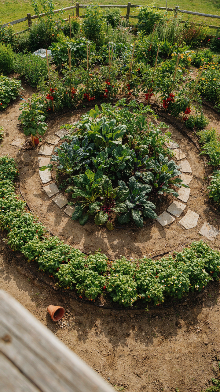 An aerial view of a tiered garden with various edible plants and herbs.
