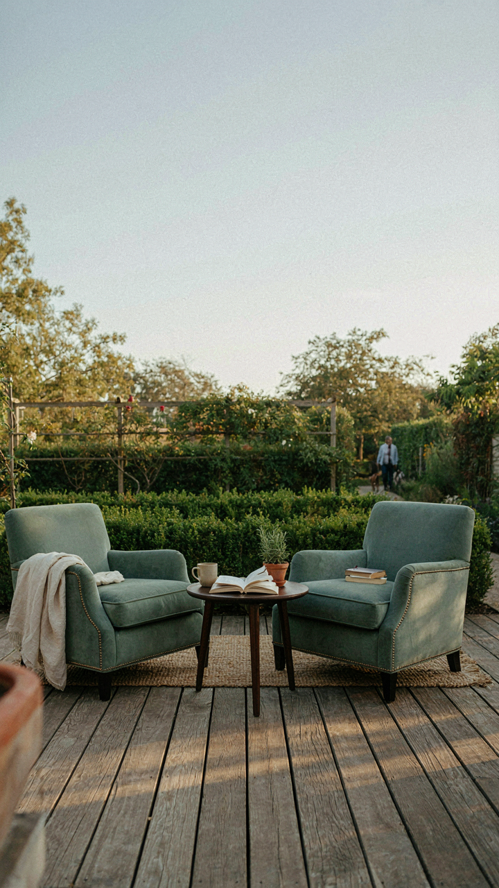 Two armchairs face each other with a small table between them in a backyard.