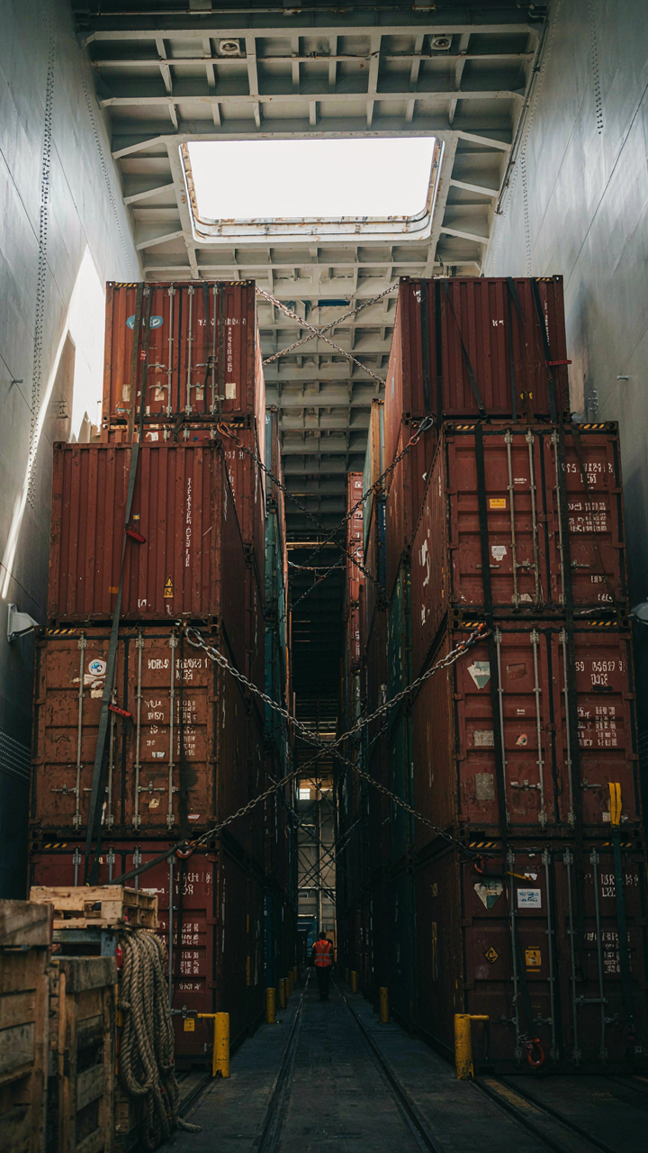 Tightly packed containers are secured in a ship's cargo hold.
