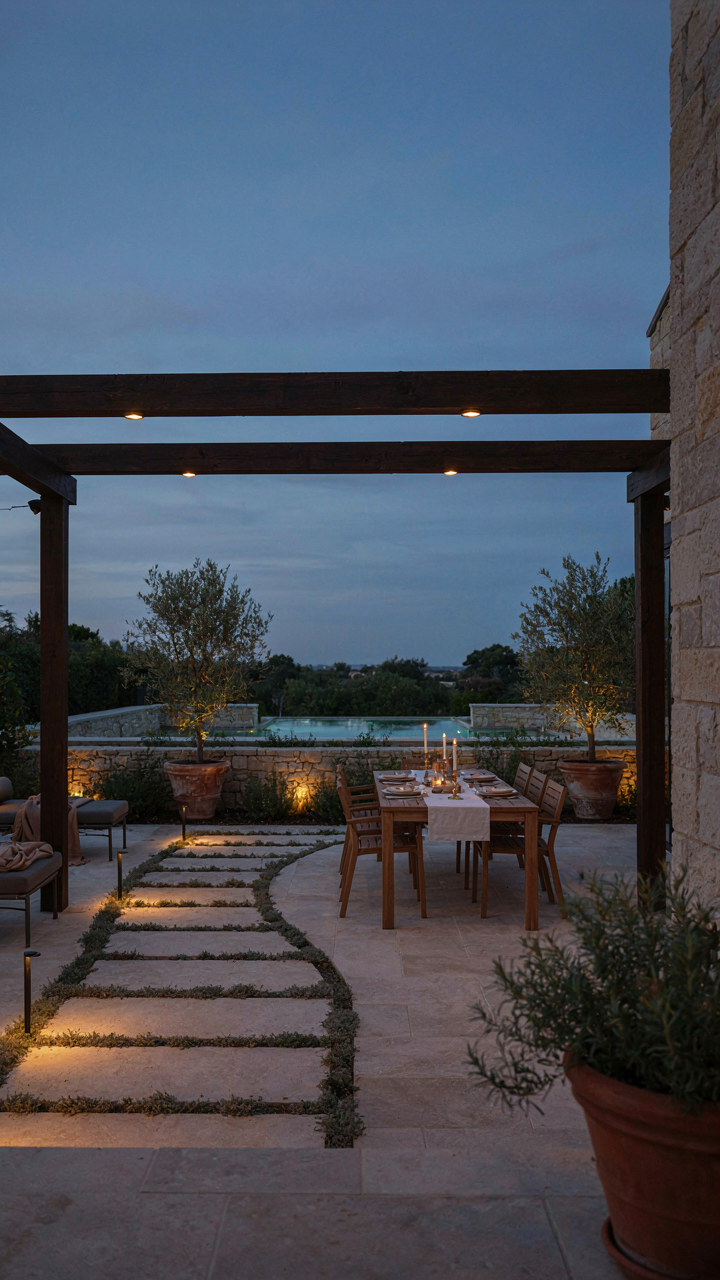 A thoughtfully lit patio with layered lighting creates a warm ambiance.