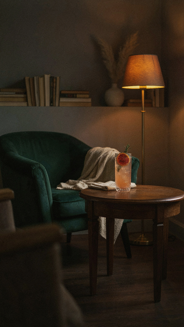 A summer spritz mocktail on a table in a dimly lit, cozy lounge.