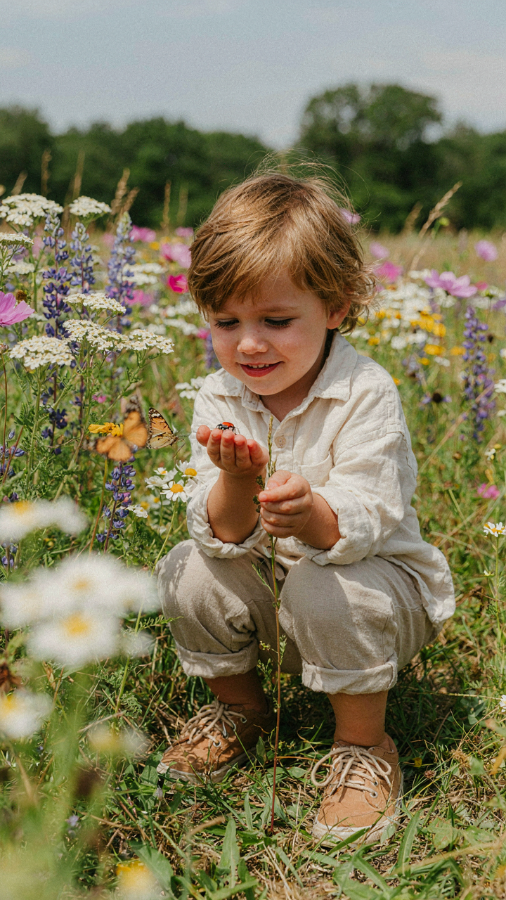 A child in gender-neutral clothes plays happily among tall wildflowers.