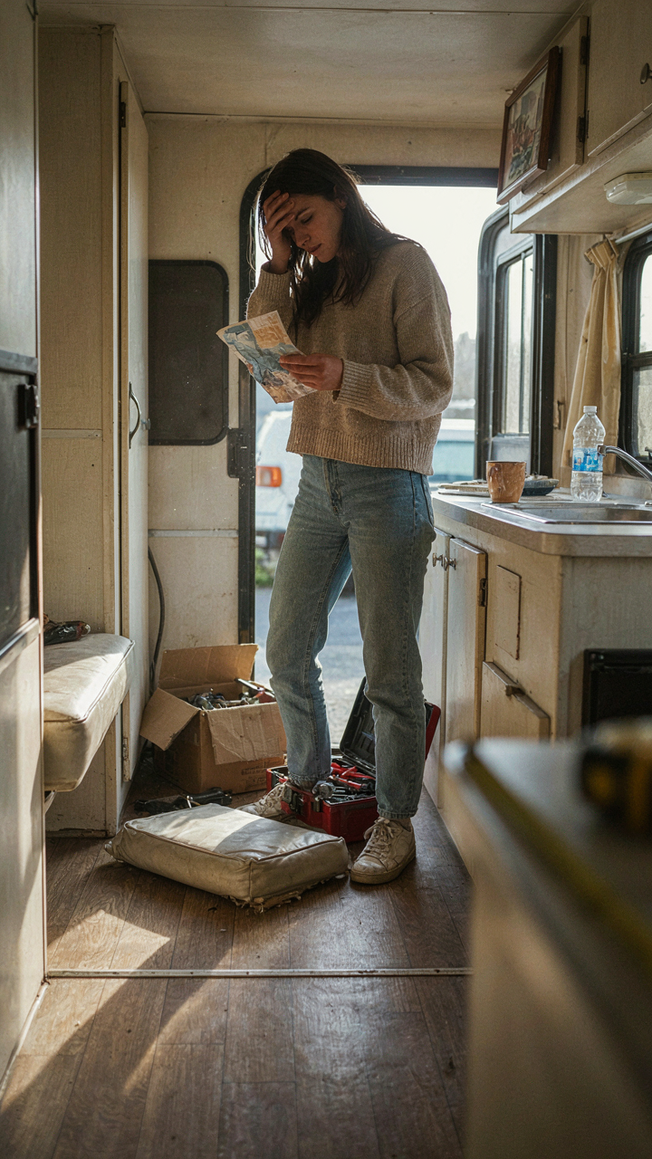 A person looks at a messy RV interior with tools on the floor.