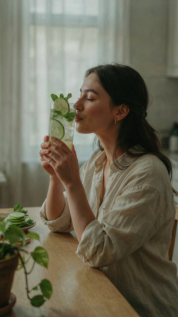 A person slowly sips a cucumber mint mocktail, enjoying the taste with eyes closed.