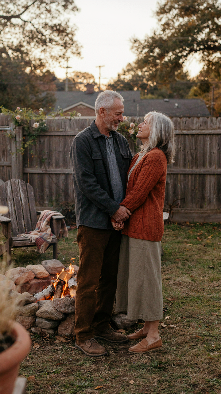 An elderly couple holds hands by a familiar fire pit.
