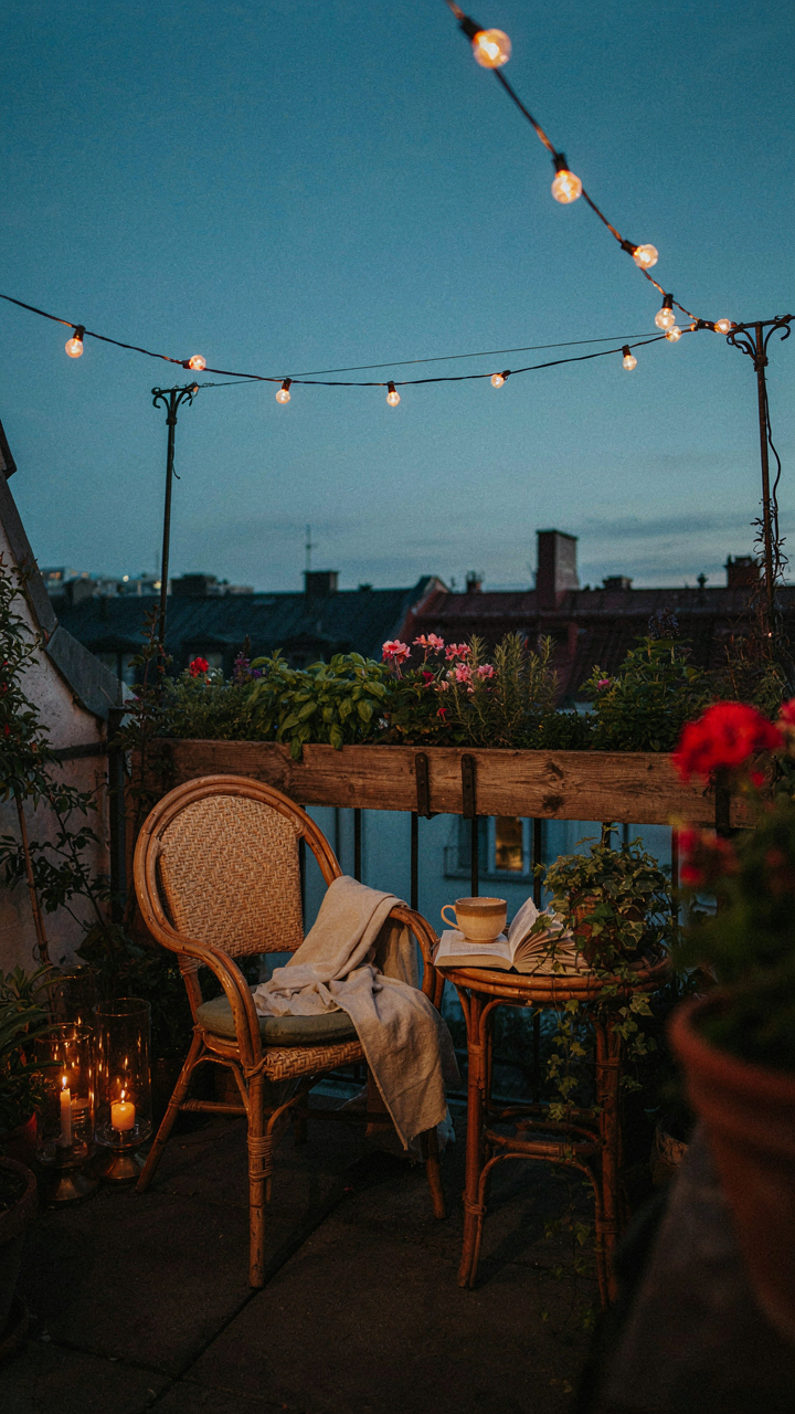 String lights and lanterns illuminate a cozy balcony garden nook at dusk.