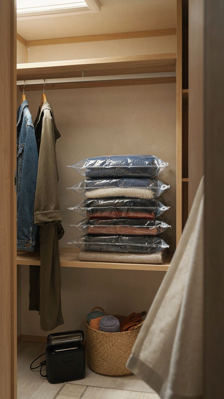 Vacuum-sealed bags of clothes save space in a small RV.