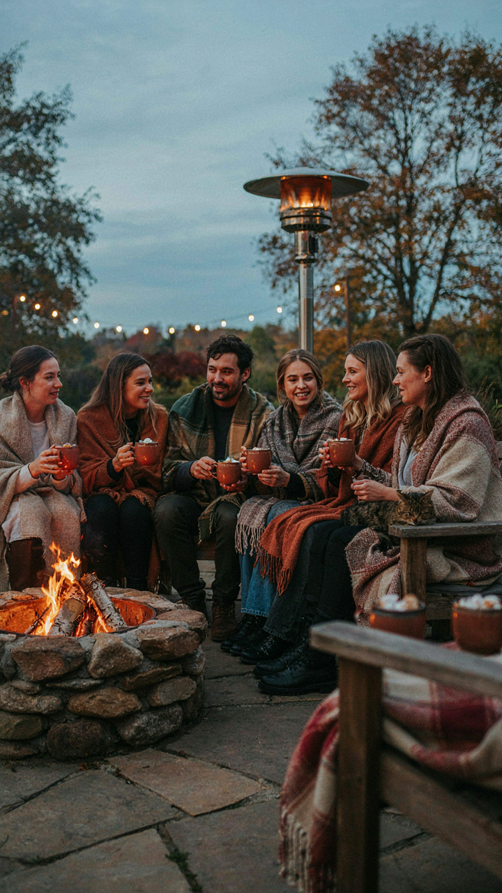 Guests with blankets and hot cocoa around a patio heater and fire pit.