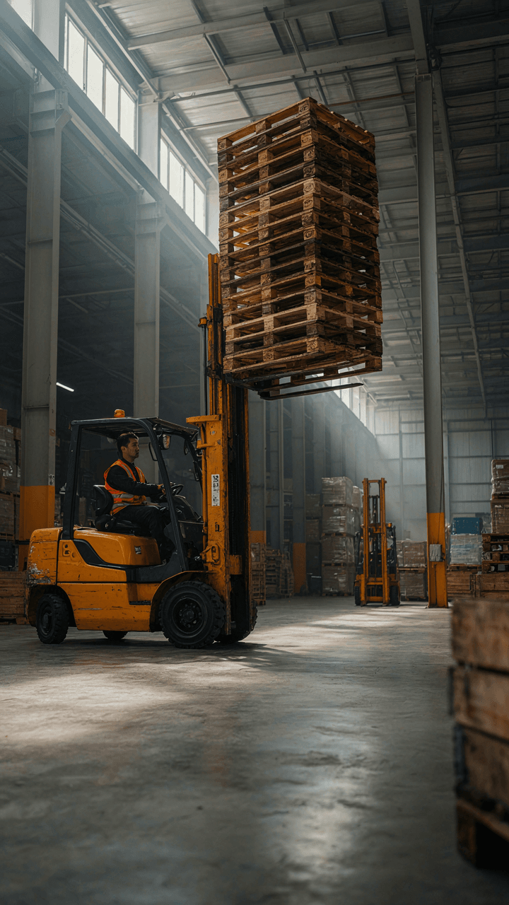 A forklift lifts many wooden pallets in a large warehouse.