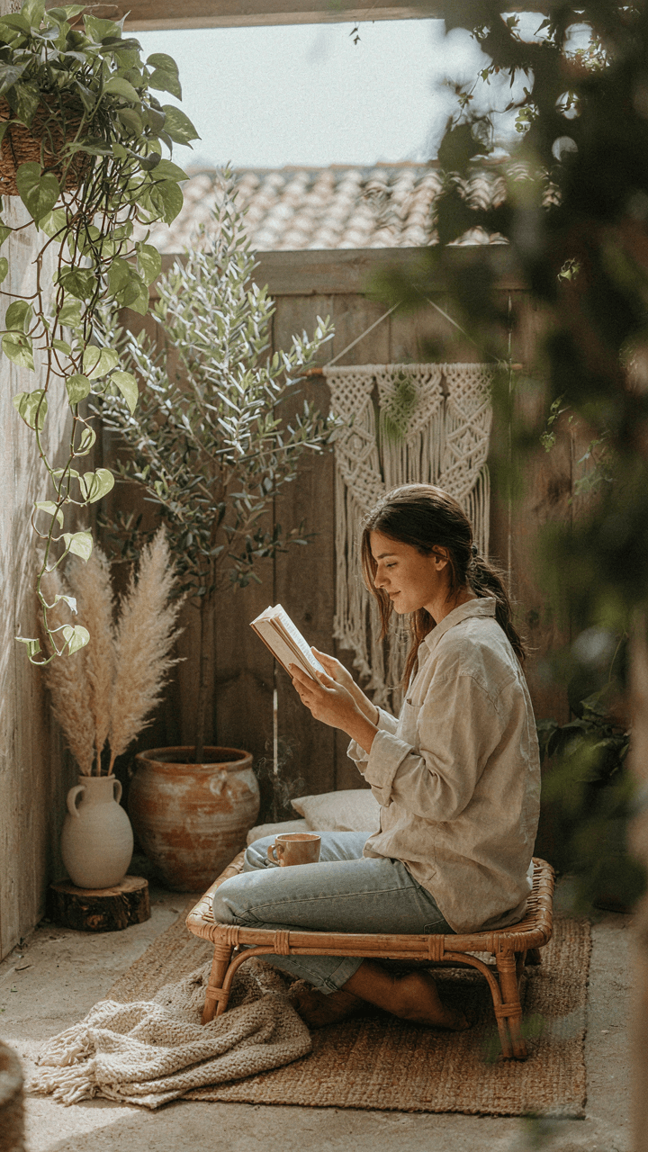A person reads a book on a comfortable boho patio.