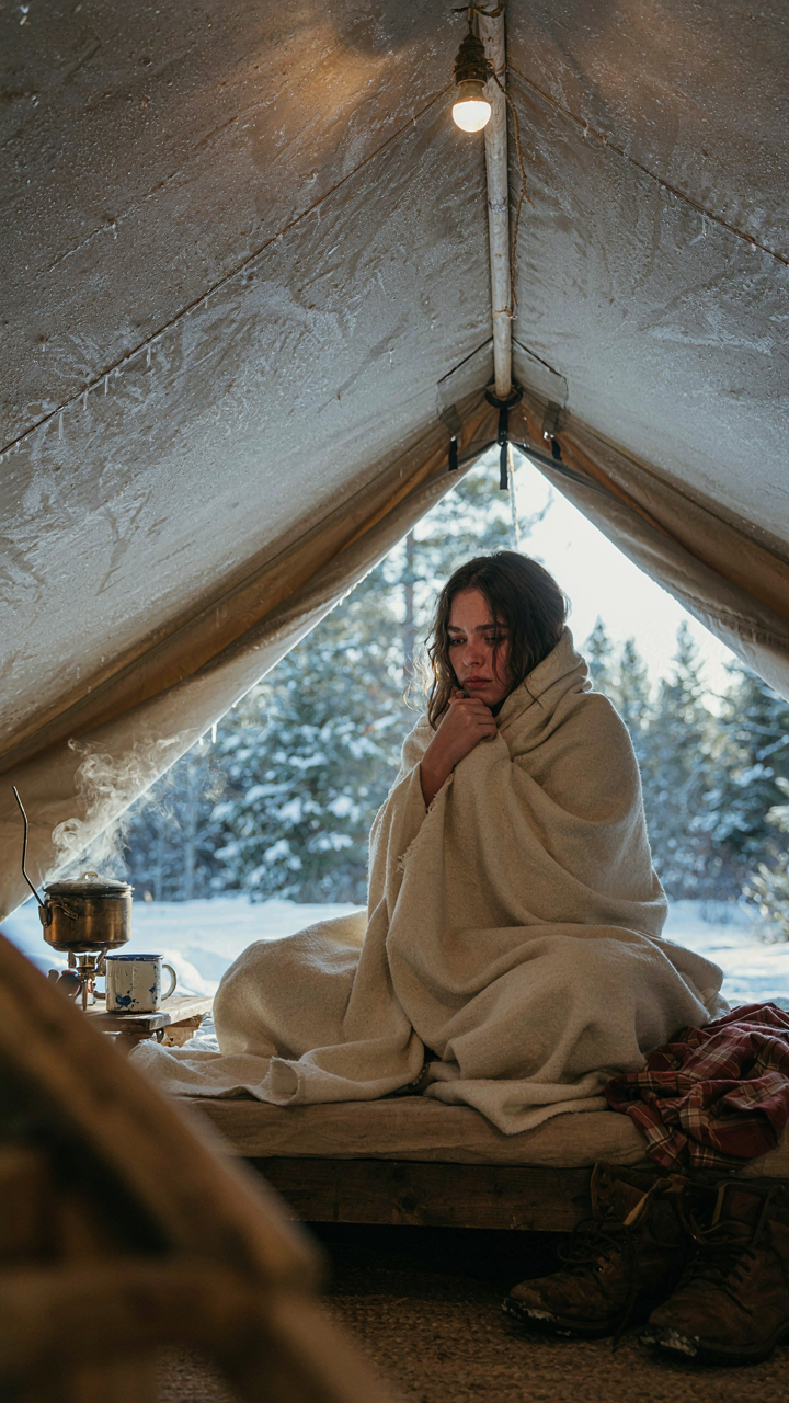 A person shivers inside a cold glamping tent with frost on walls.