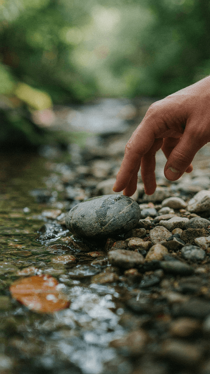 A hand gently touches a smooth river stone, symbolizing recovery.