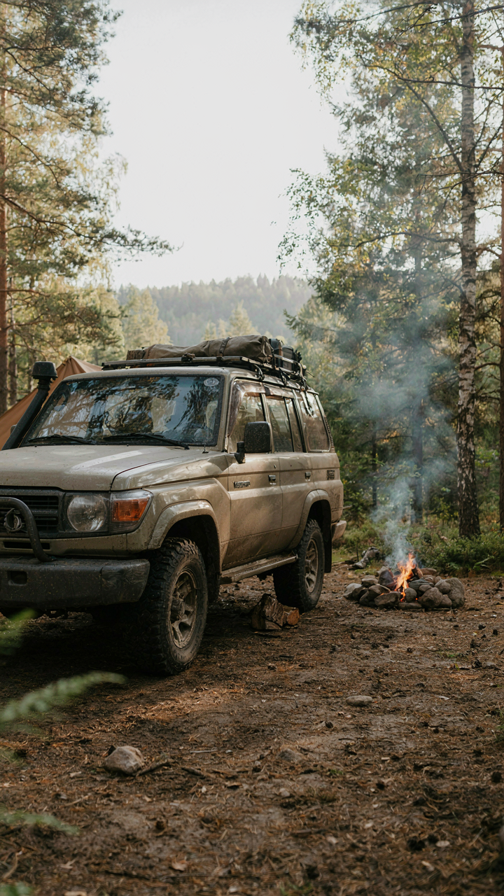 A muddy, dented off-road vehicle is parked at a campsite.
