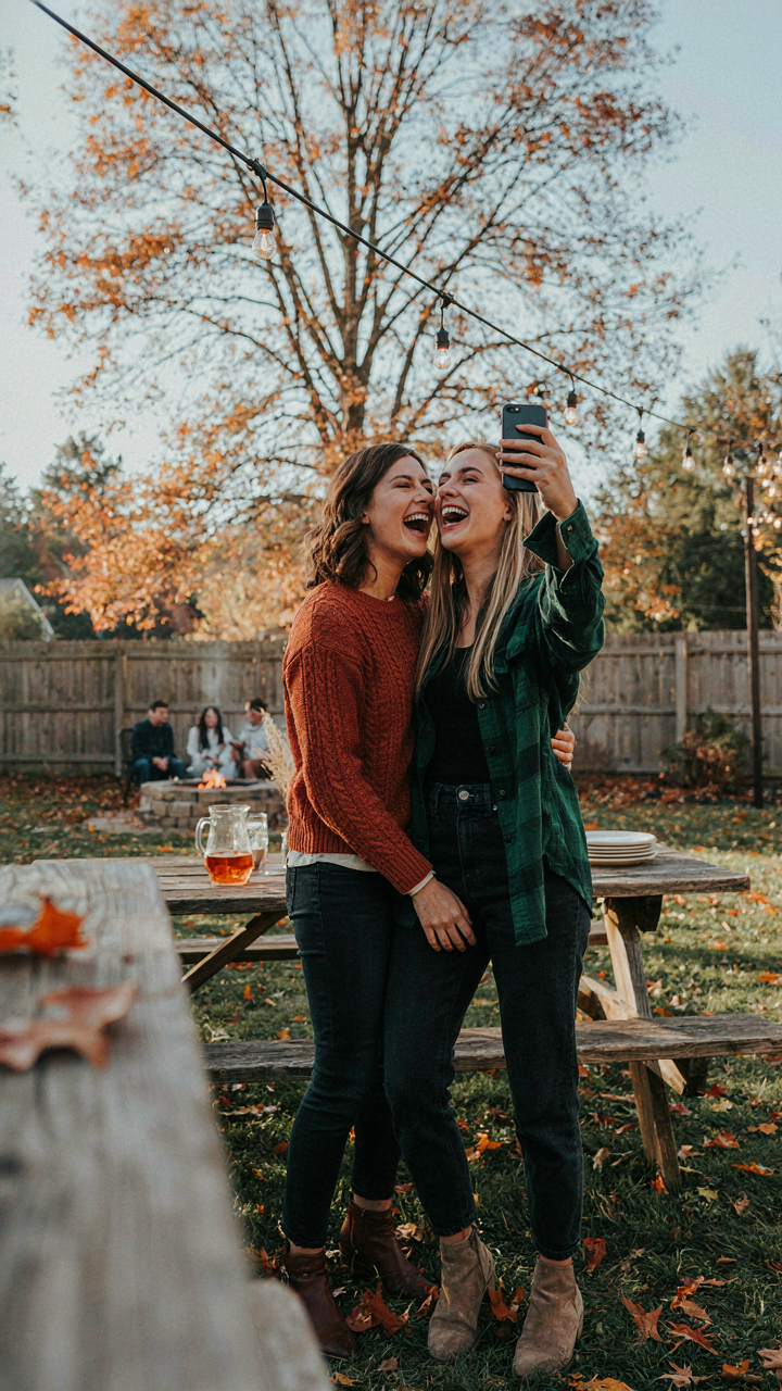 Two friends taking a selfie at a fall backyard party.
