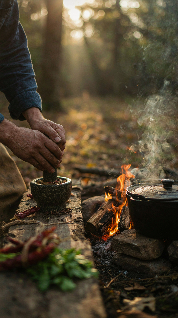 Hands grind whole spices with a mortar and pestle by a campfire.