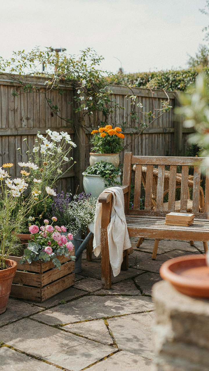 Mismatched containers hold flowers in an outdoor seating area.