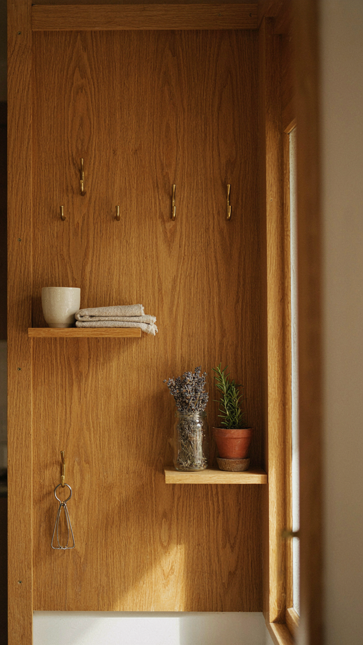 The inside of a cabinet door has small shelves for more storage.