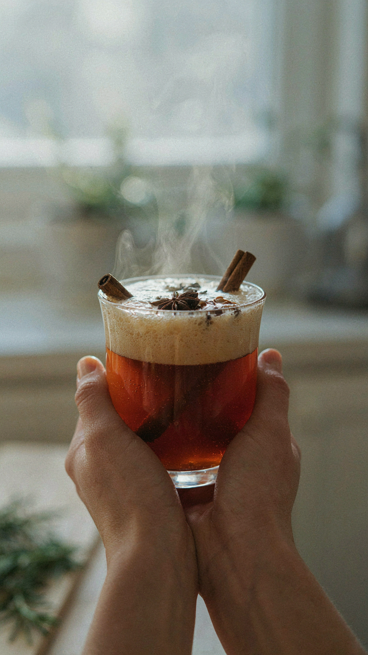 Hands hold a delicate glass mug filled with a frothy holiday mocktail.