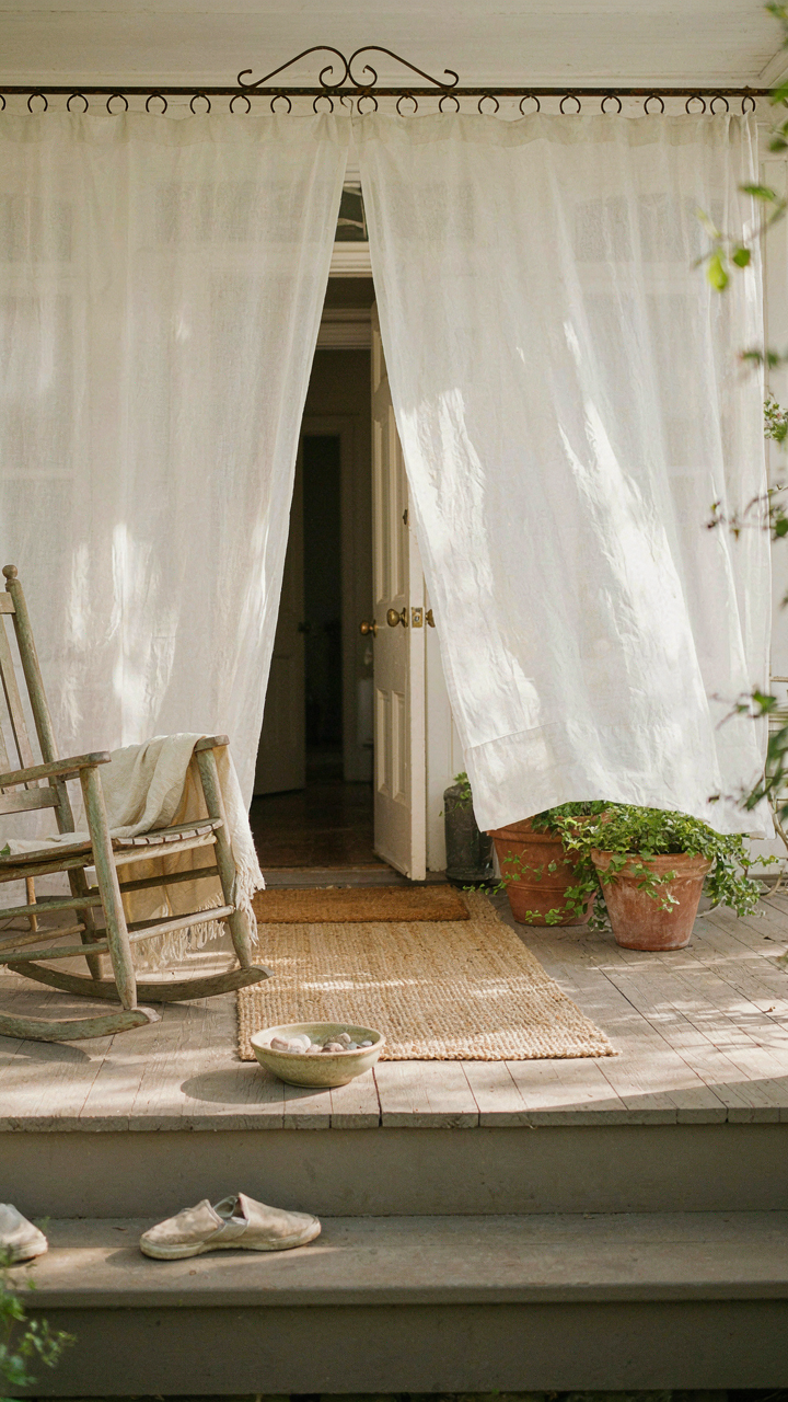 Sheer white porch curtains hang on a welcoming front porch.