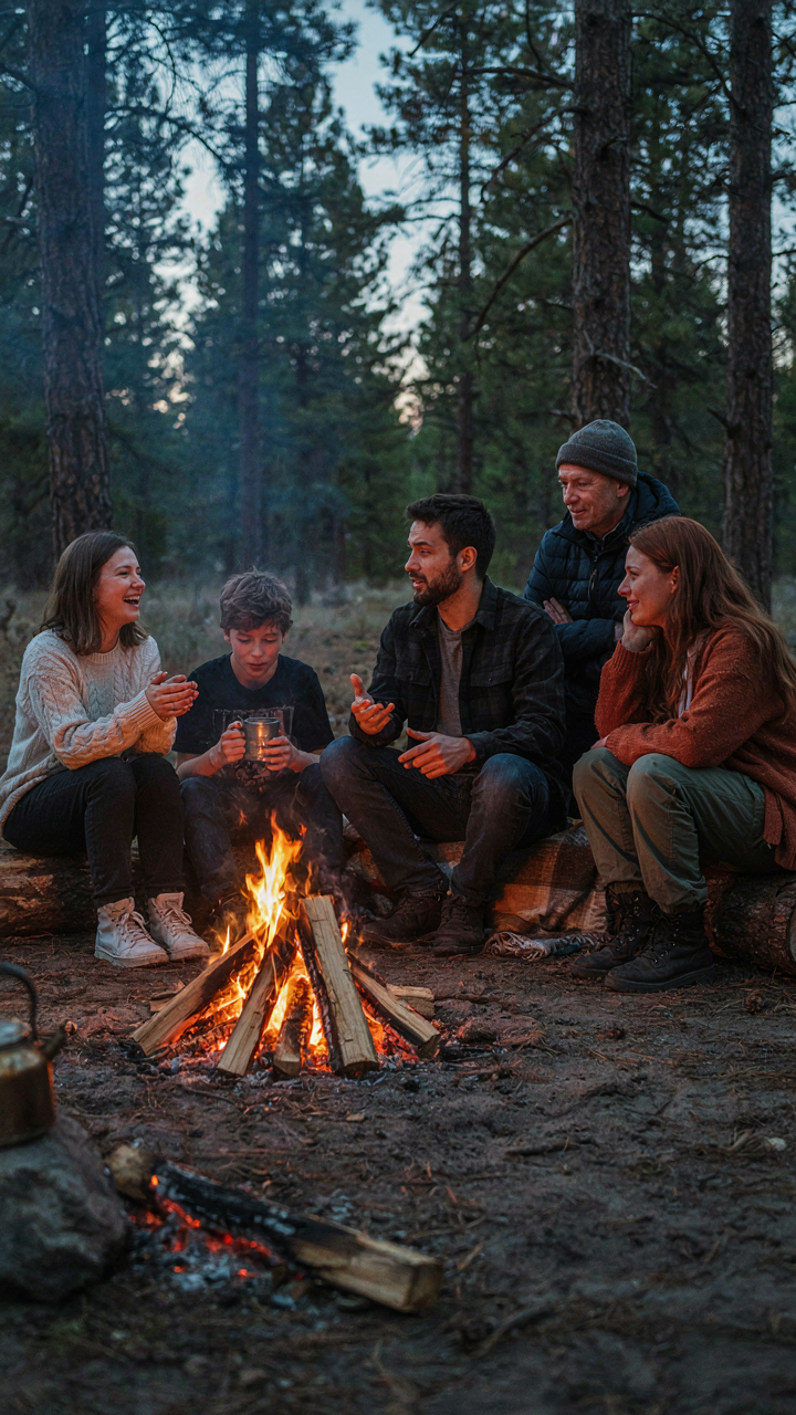 People gather around a warm campfire, talking and laughing without looking at phones.