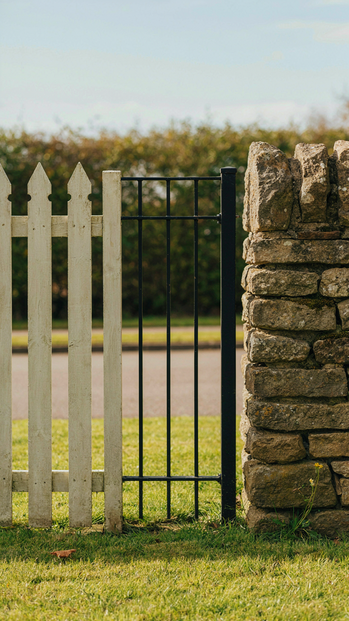 Different fence types stand side by side, including wood, metal, and stone.