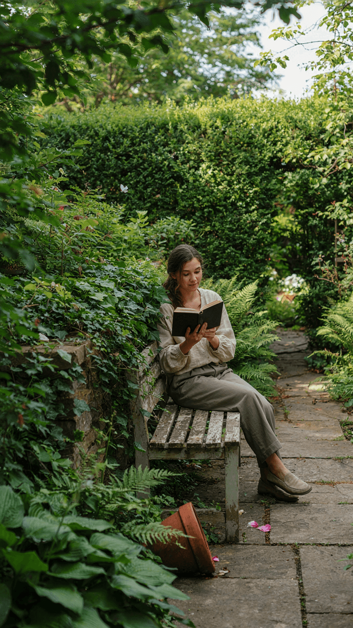 A person reads a book quietly in a secluded, green garden.
