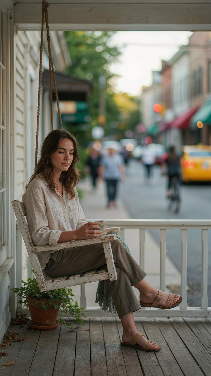 A person on a porch swing, caught between a calm porch and a busy street.