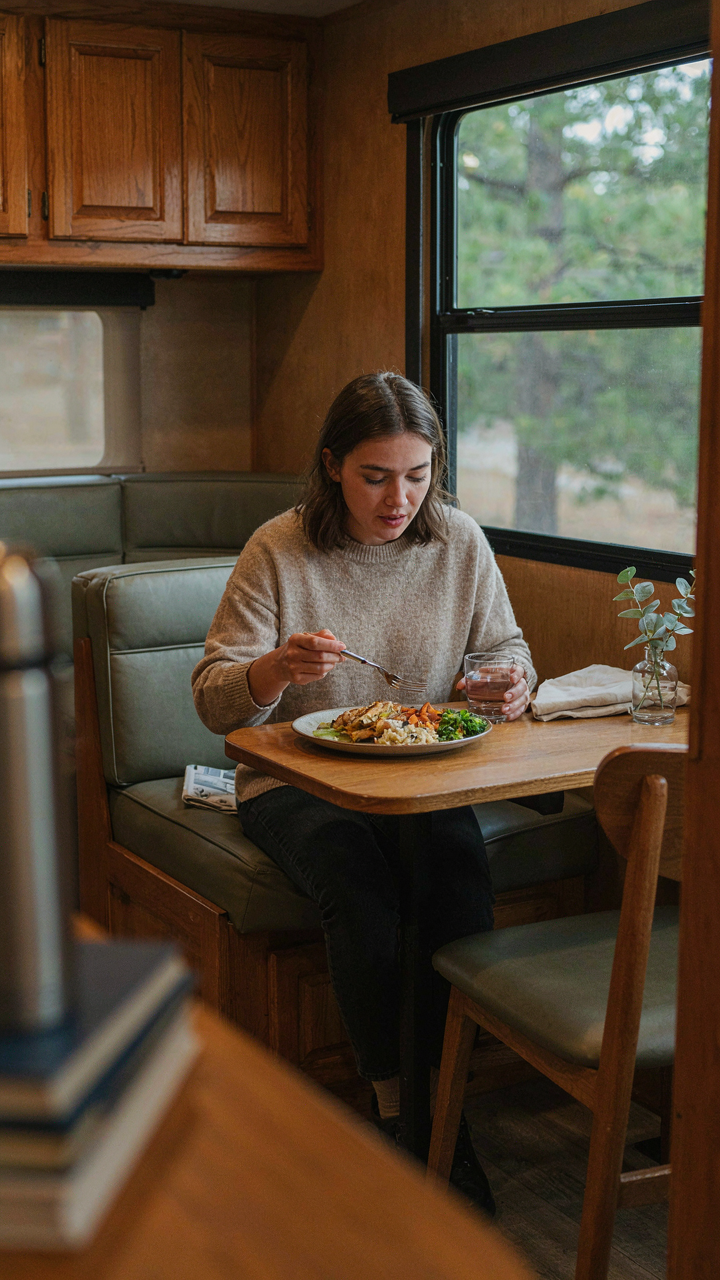 A person eats a healthy, portioned meal at a small RV table.