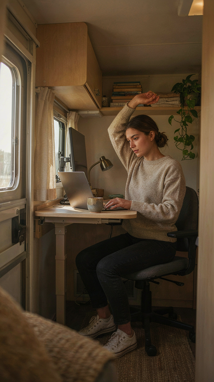 A person works at an ergonomic desk in a small RV, emphasizing good posture.
