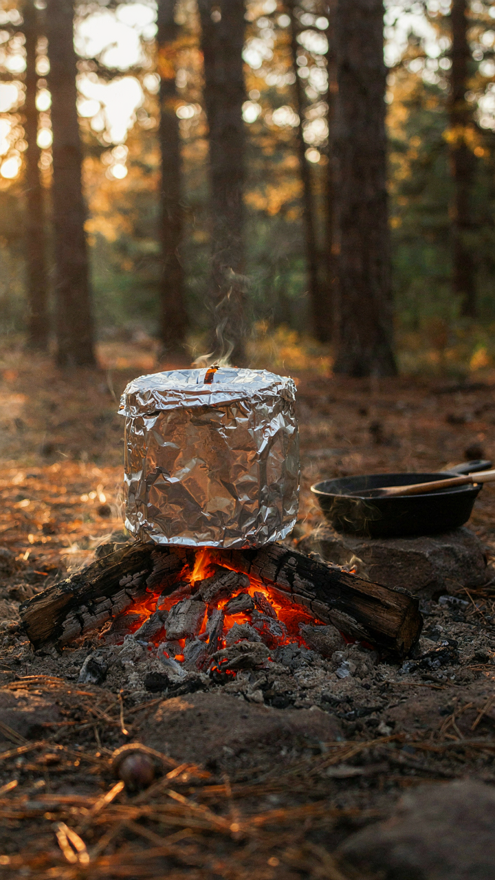 Apple crisp cooks in a foil packet on campfire coals.