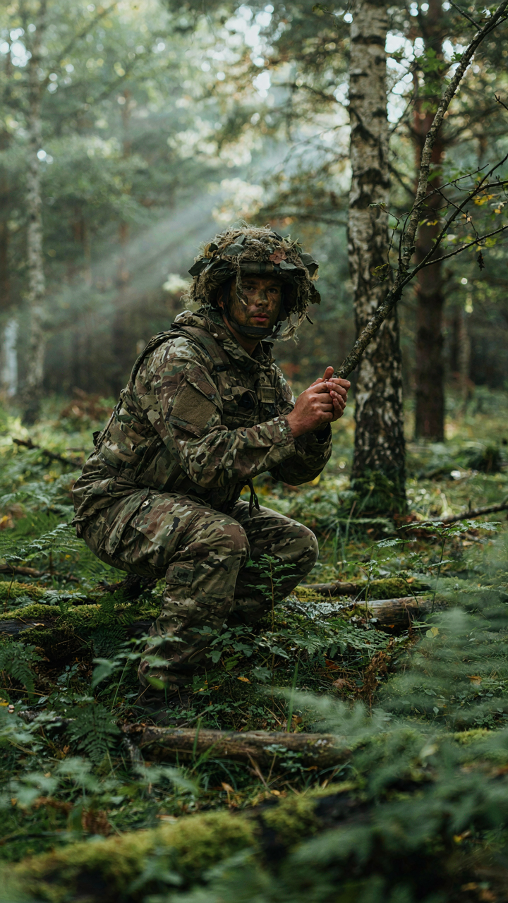 A soldier in camouflage is hidden among trees in a forest.