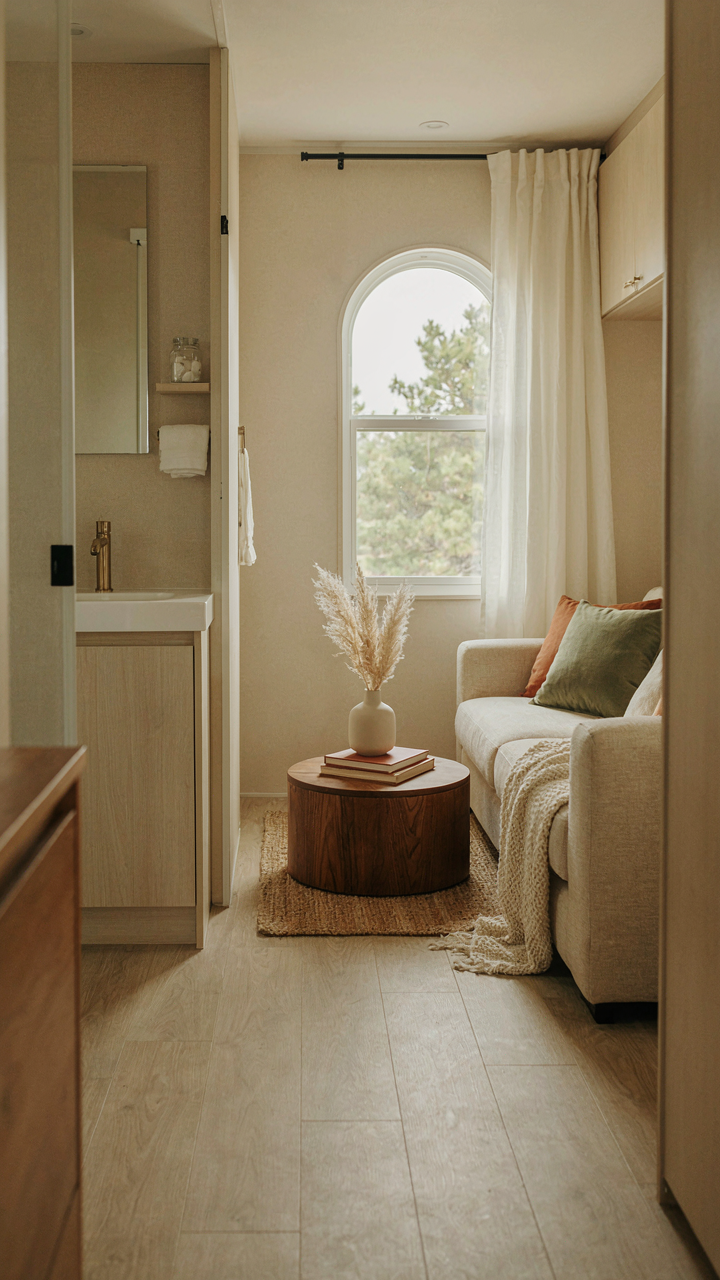 An RV bathroom seamlessly connects to the living area, making it feel open.