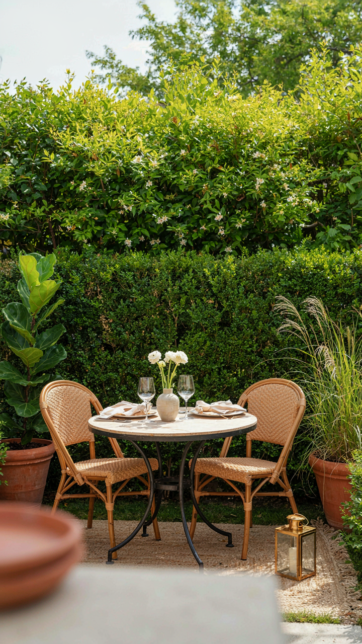 A cozy backyard bistro set up is nestled within a dense privacy hedge.